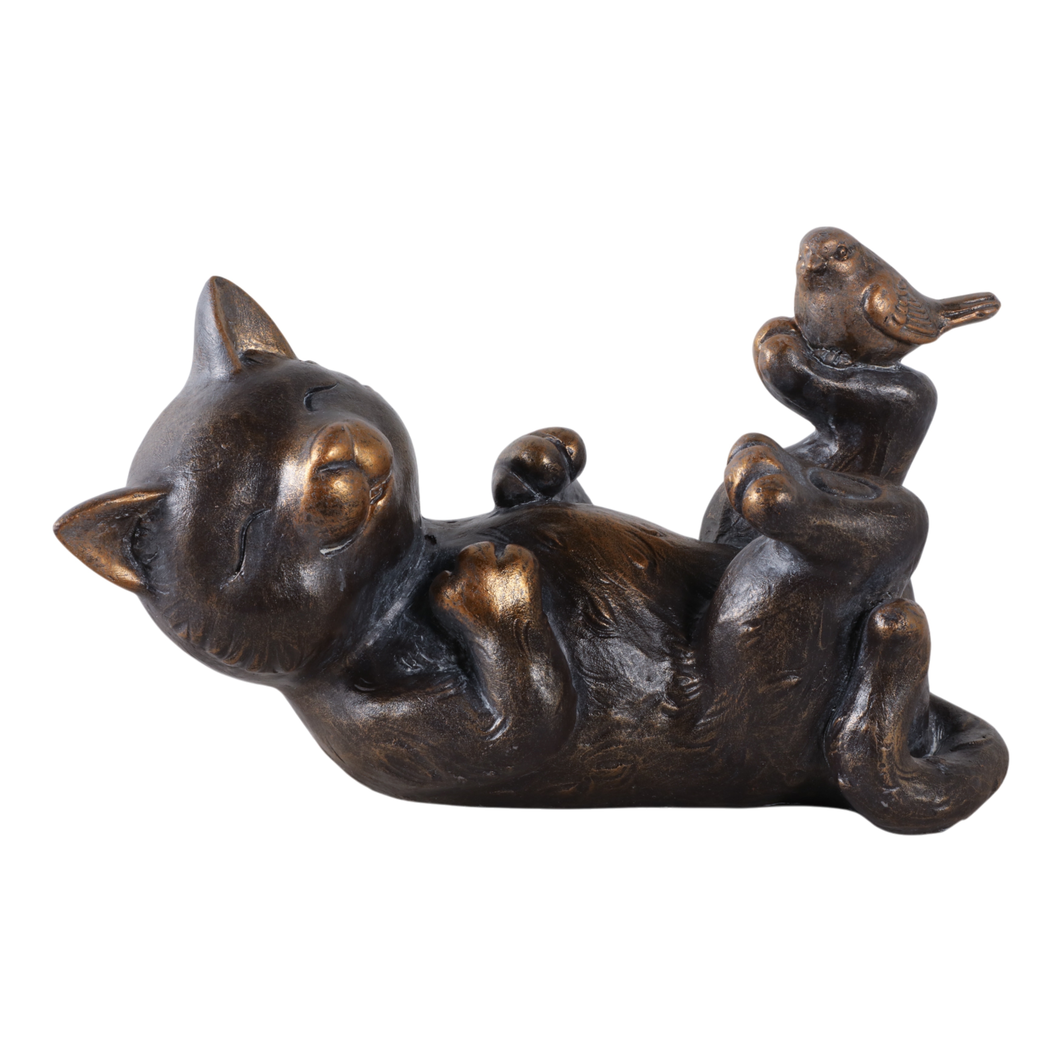 Polyresin Garden Statuary Playful Cat with Bird - 9" Metallic