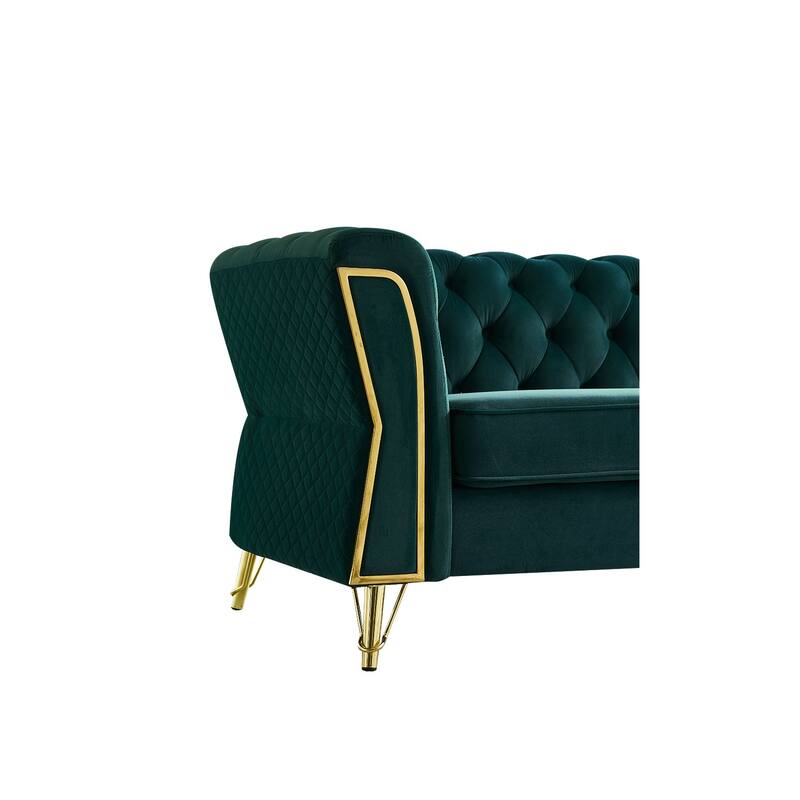 Tufted Velvet Sofa with Golden Metal Frame, Diamond-Stitched Design, and Foam Cushion for Living Room