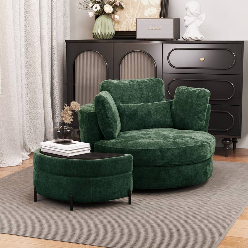 Modern Chenille 360° Swivel Accent Barrel Chair and Storage Ottoman