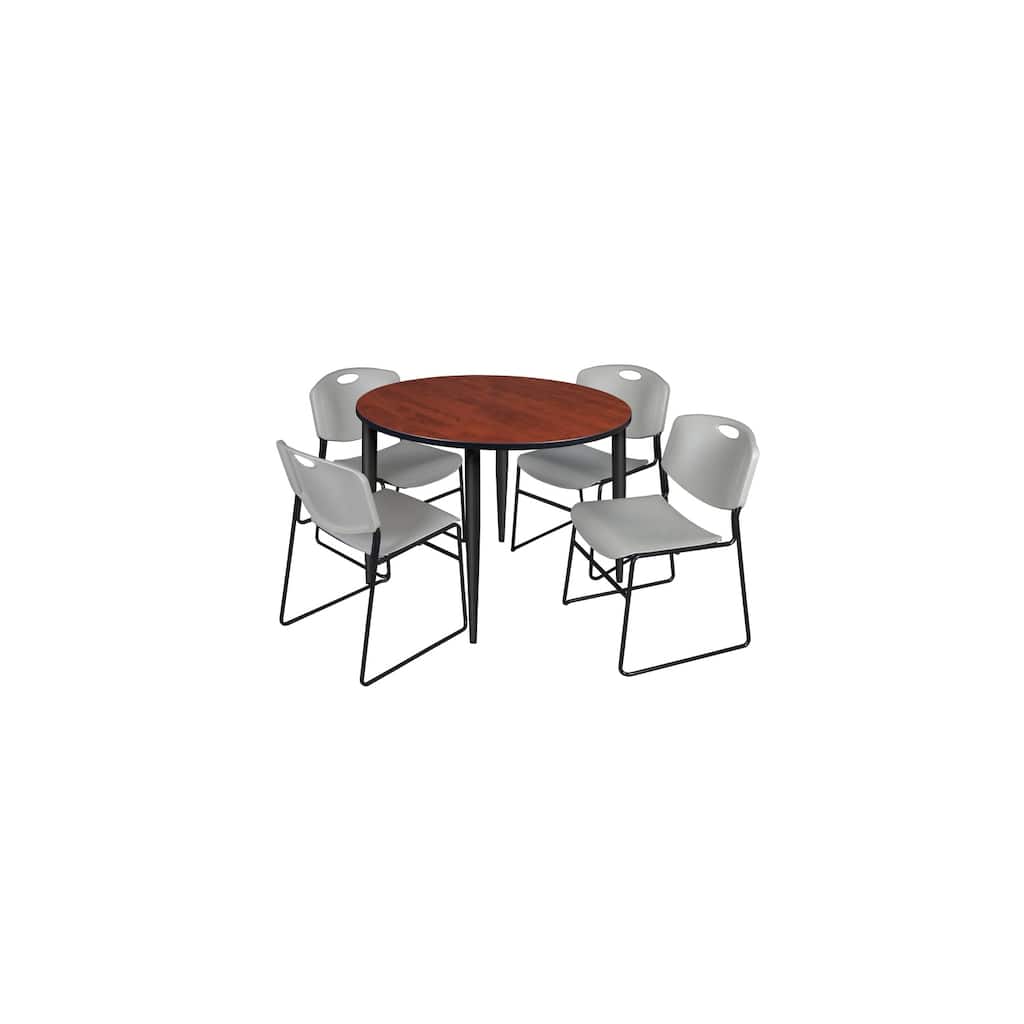 48 in. Round Breakroom Table- Cherry Top, Black Base & 4 Stack Chairs- Grey