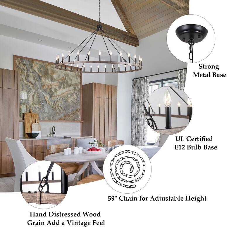 Vyolette 60 in. 30-Light Extra Large Farmhouse Round Wagon Wheel Chandelier, Classic Dining Room Living Room Chandelier