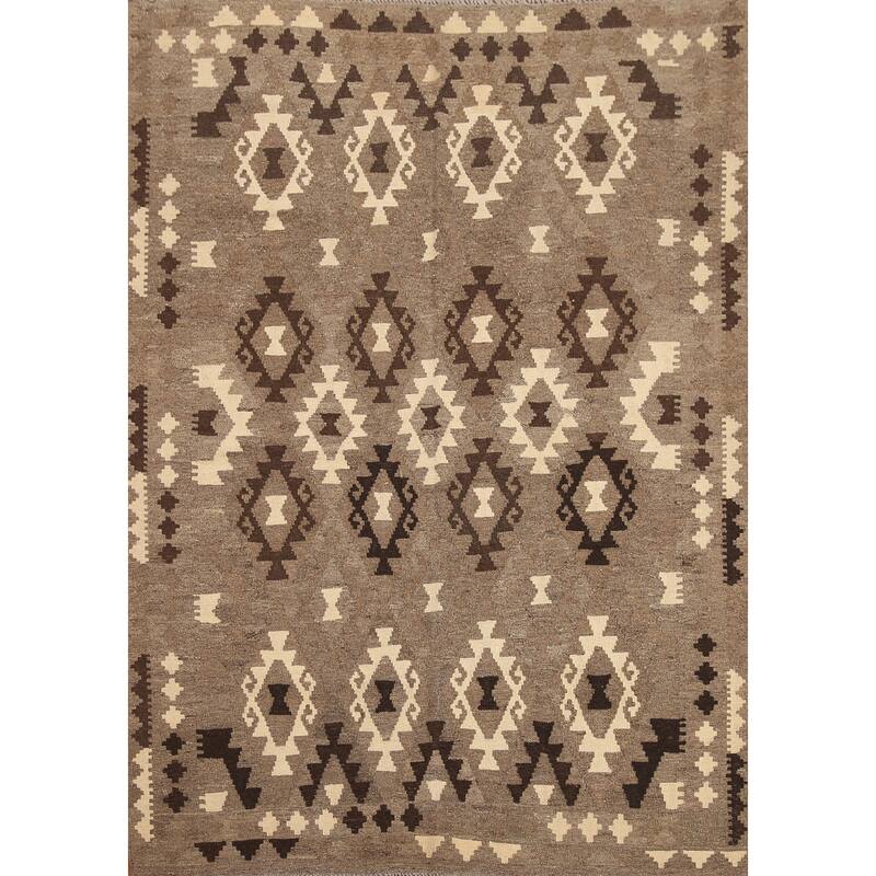 Hand Woven Oriental 100% Wool Carpet Southwestern Geometric Brown Kilim Area Rug - 6' 5'' X 5' 1''