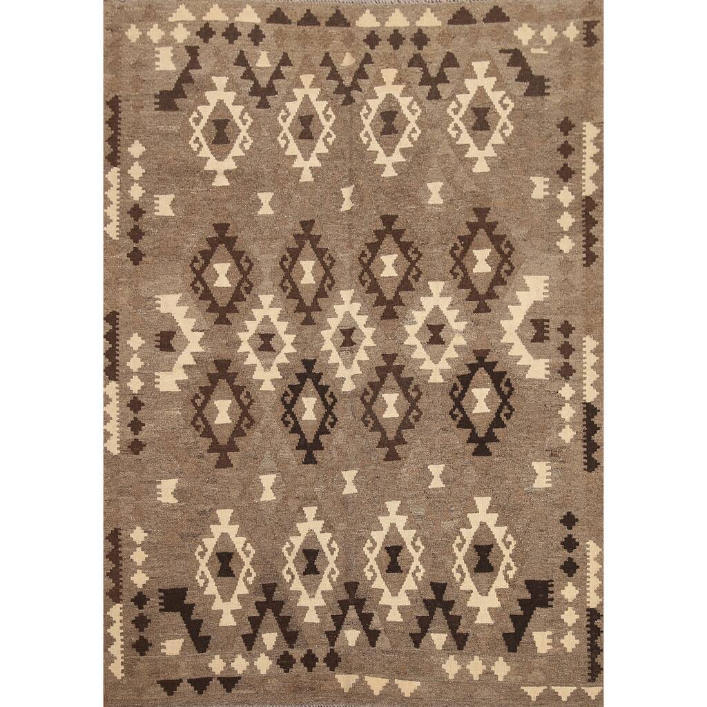 Hand Woven Oriental 100% Wool Carpet Southwestern Geometric Brown Kilim Area Rug - 6' 5'' X 5' 1''