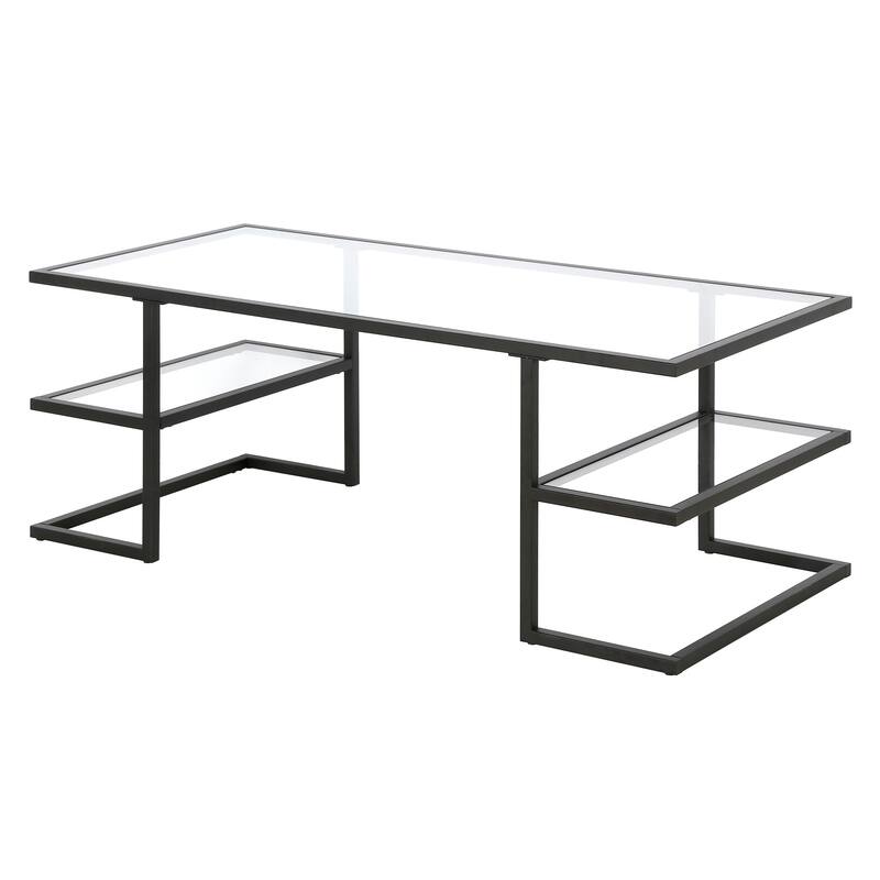 Sleek 47 Inch Rectangular Coffee Table with Glass Top and Steel Frame 2 Shelves for Storage - 47"L x 22"W x 18"H