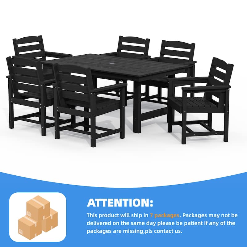 7-Piece HDPE Outdoor Dining Table Sets with Umbrella Hole - 1-Table 6-Chairs