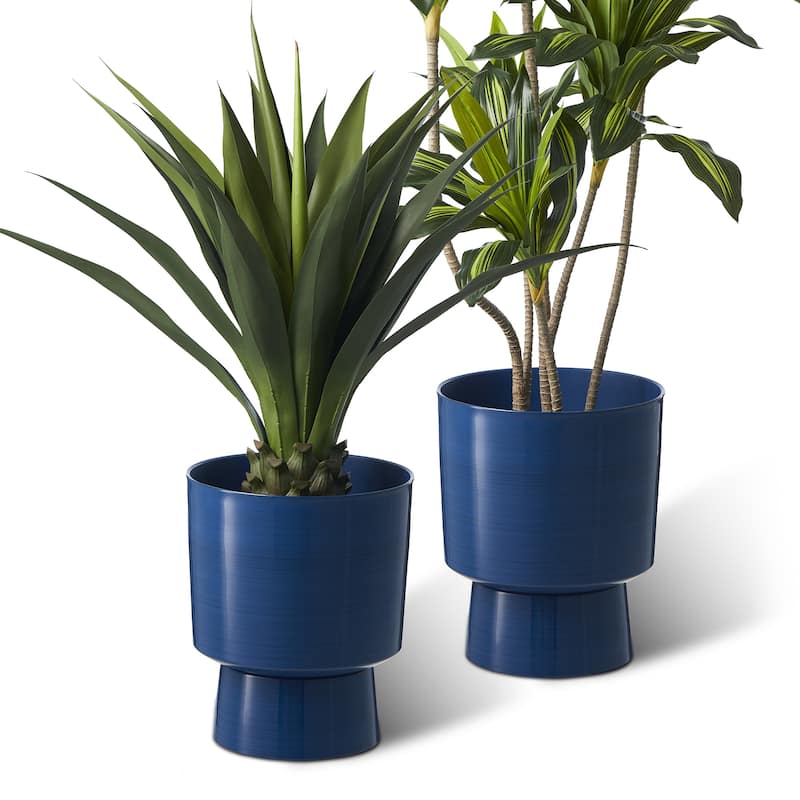 Glitzhome 16.75"H Set of 2 Cobalt Blue Faux Ceramic Urn Plastic Planter with Screw in Base