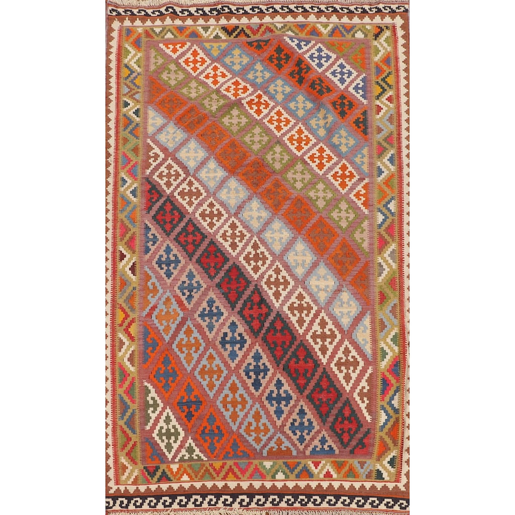 Reversible Kilim Qashqai Vegetable Dye Persian Vintage Wool Carpet - 5'0"x 9'0"