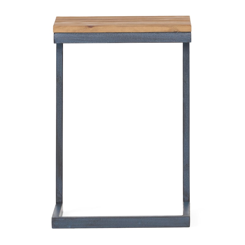 Roomfitters C-Shaped Side Table, Industrial End Table with Natural Wood Top and Blue Metal Frame for Sofa or Bedside, Natural