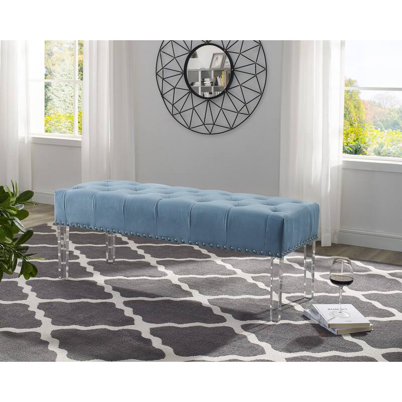 Button Tufted Velvet Upholstered Bench with Acrylic Leg