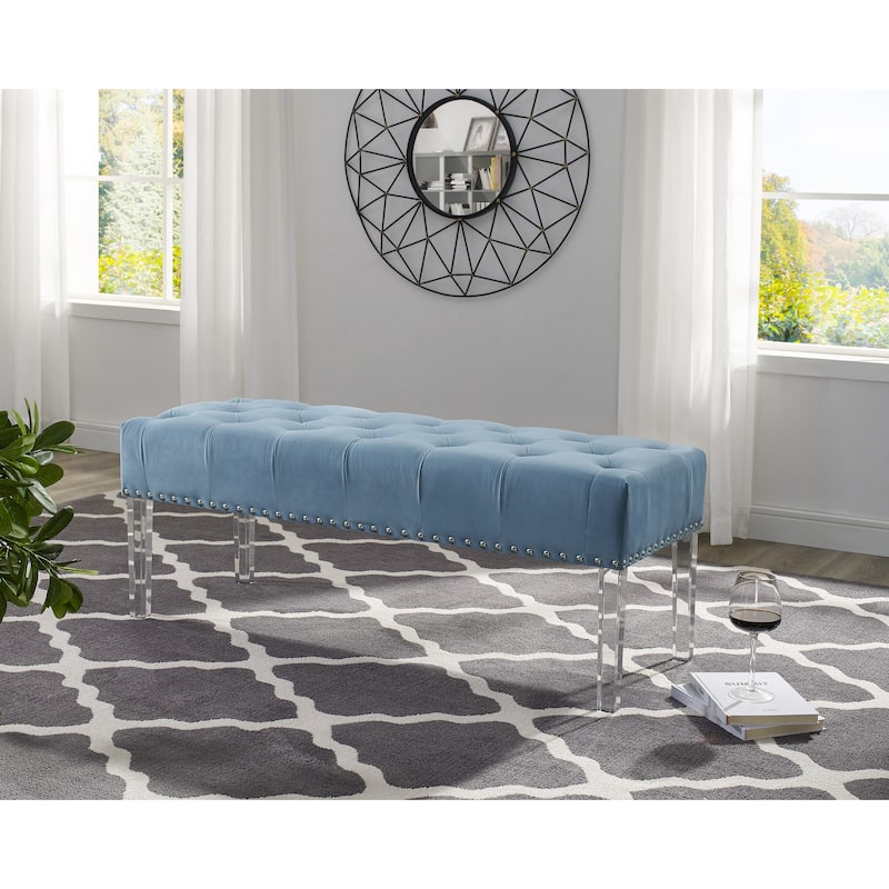 Valley Button Tufted Velvet Upholstered Bench with Acrylic Leg, Blue