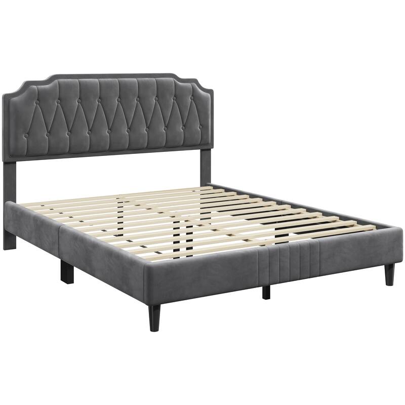 Yaheetech Wooden Slat Support Bed Frame with Button Tufted Headboard