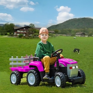 Kids' Electric Excavator Vehicle: Pink 12V Toy Tractor with Trailer and Music