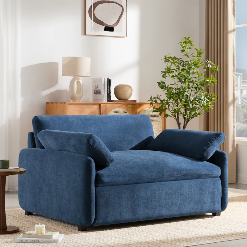Roomfitters 50" Oversized Chenille Accent Chair, Wide Deep Seat Single Sofa, Modern Upholstered Lounge Chair with Pillows - Blue