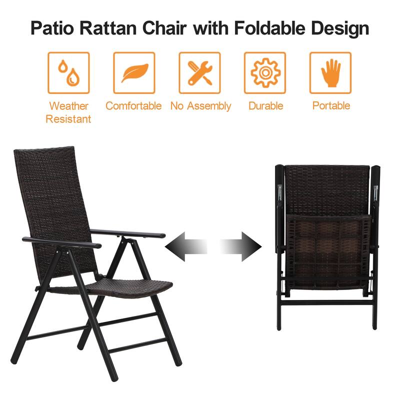 Outdoor Wicker Patio Folding Dining Chairs Set of 2, Adjustable Patio Rattan Recliner Wicker Chairs with High Backrest