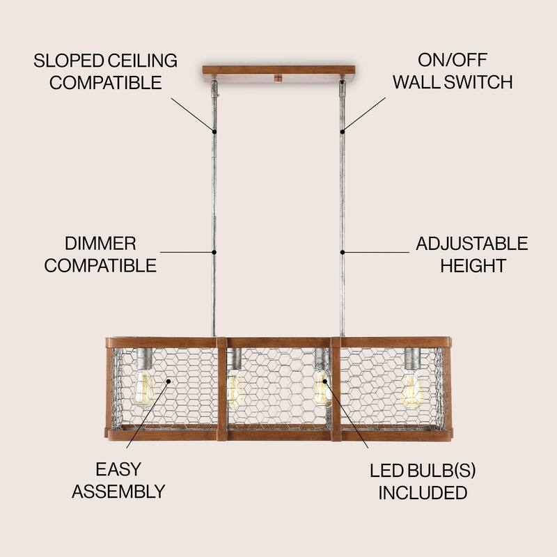 Gatsby 34.5" Linear 4-Light Adjustable Iron Rustic Industrial LED Pendant, Brown/Silver by JONATHAN Y