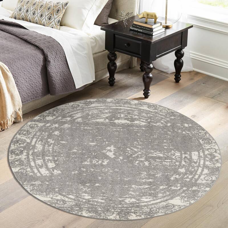 Contemporary Sling Collection Area Rug - 7'10" Round - Gray-Ivory