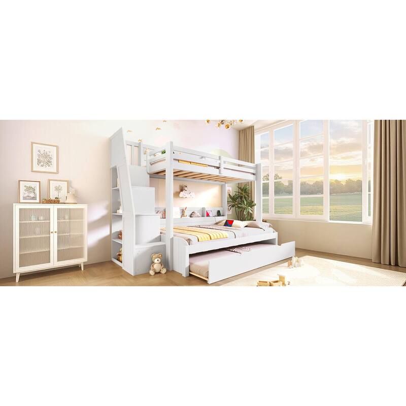 Roomfitters Twin Over Full Bunk Bed with Storage Staircase, Trundle, LED and USB