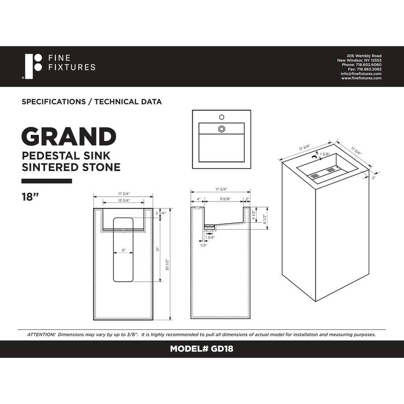 Fine Fixtures Grand Collection, Elegant Square Shaped Pedestal Sink