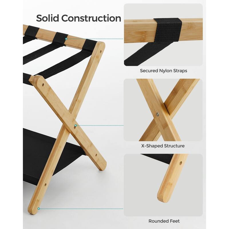 Wicker Luggage Rack with Nylon Support Straps and Storage Shelf Foldable Travel Suitcase Stand