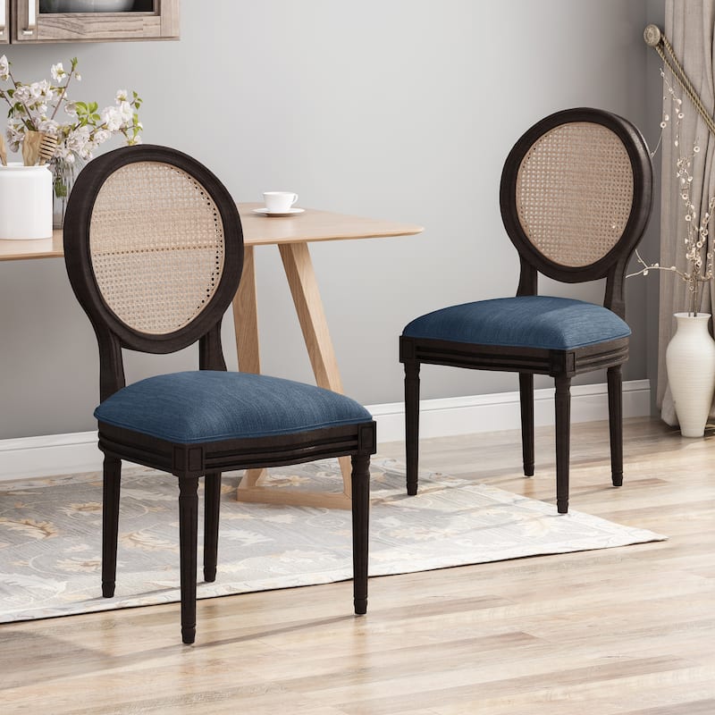Govan Wooden Dining Chairs with Cushions (Set of 2) by Christopher Knight Home - Navy Blue + Natural + Dark Brown
