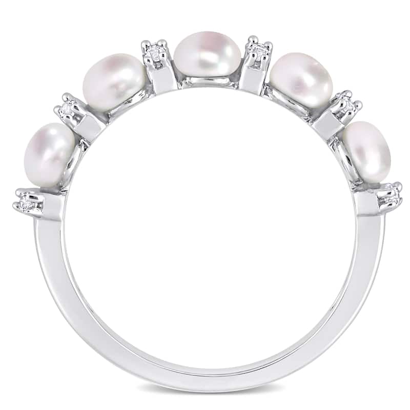 Miadora Sterling Silver Freshwater Cultured Pearl & White Topaz 5-Stone Semi-Eternity Ring (3.5-4mm)