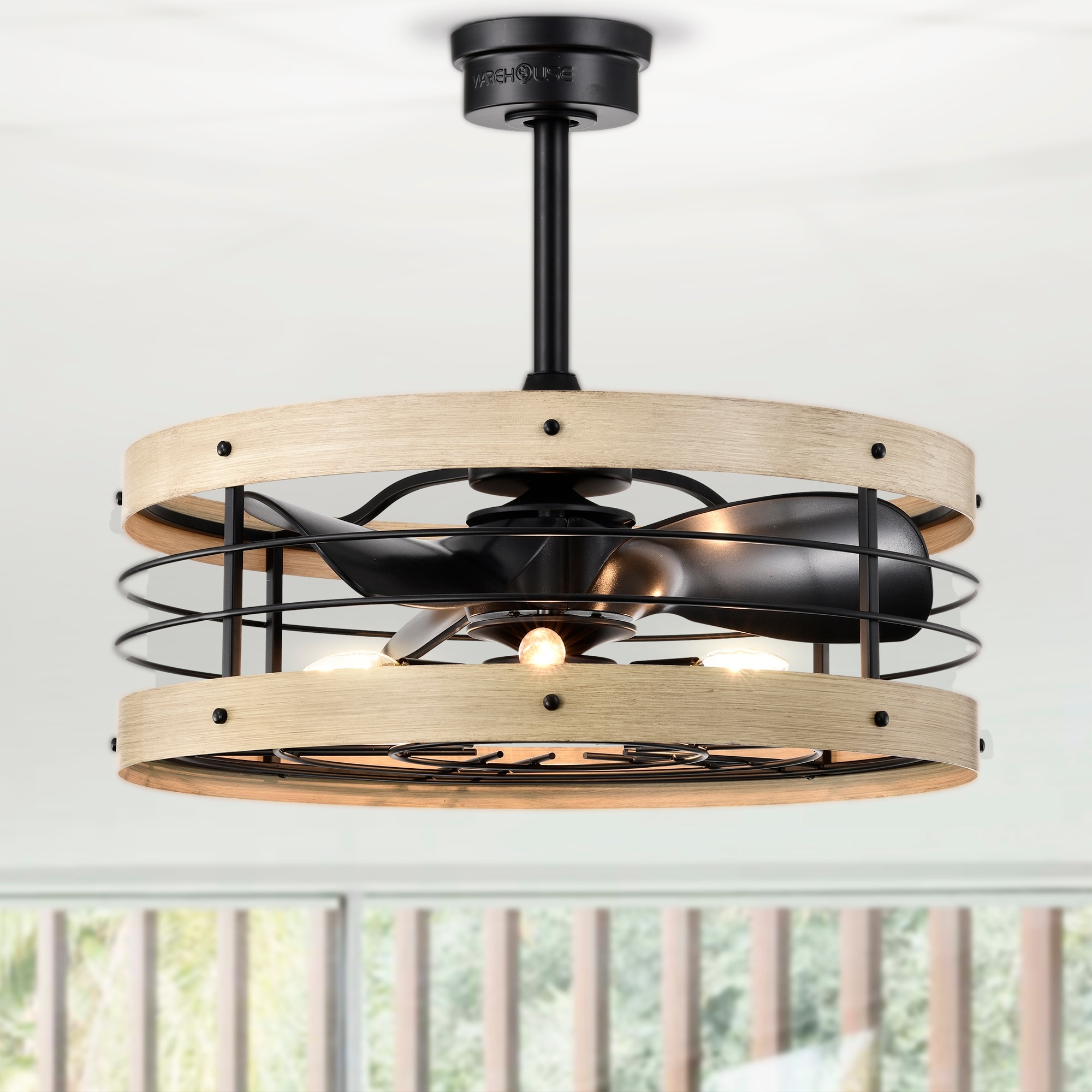 Warehouse of Tiffany Zulu 25 Inch Cage Imitation Wood Grain Fandelier with Remote