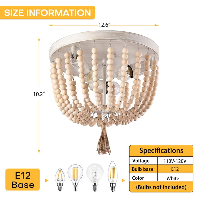 3-Light Wood Bead Chandelier Rustic Flush Mount Ceiling Light Fixture - 10.2x12.6inch (Hx Dia)