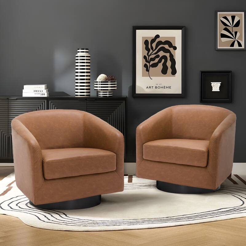 2 Set Modern Vegan Faux Leather Swivel Barrel Accent Chair