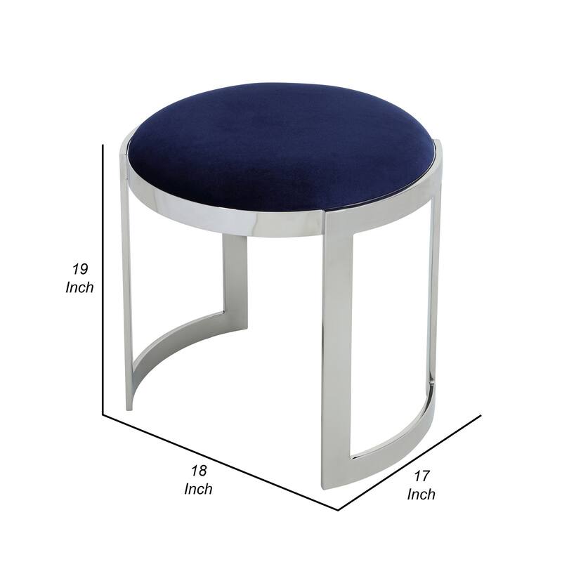 Niyo 19 Inch Accent Stool Ottoman, Round Seat, Soft Blue Velvet, Silver