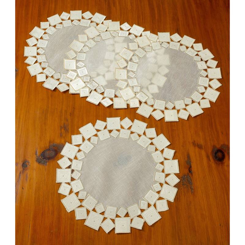 Violet Linen Sevill Decorative Embroidered Cutwork, Polyester, Set of 4, Decorative Place Mats - 16" Round - Ivory
