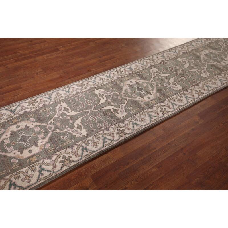 All-Over Green & Ivory Oushak Oriental Runner Rug Handmade Wool Carpet - 2'7"x 9'11"