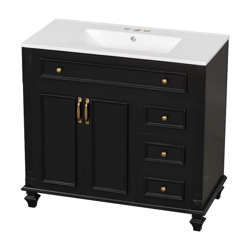36" Bathroom Vanity with Sink, Vanity Cabinet with Flip-Out Drawer, 3 Drawers, 2 Soft-Close Doors, Solid Wood & MDF