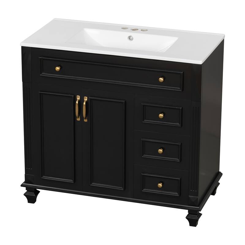 Roomfitters 36" Bathroom Vanity with Sink, Flip-Out Drawer, 3 Drawers, Soft-Close Doors, Solid Wood Cabinet