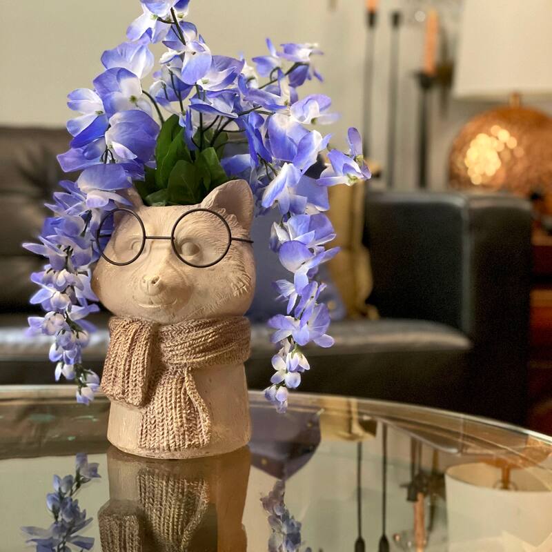 Bespectacled Fox Cement Vase 8.25In Cute Fox Planter, Animal Flower