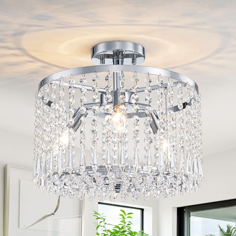 Modern Crystal Semi-Flush Mount Ceiling Light with E12 Sockets - Dia.13.77-in - Dia.13.77-in