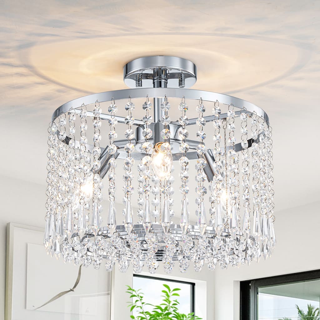 Modern Crystal Semi-Flush Mount Ceiling Light with E12 Sockets - Dia.13.77-in