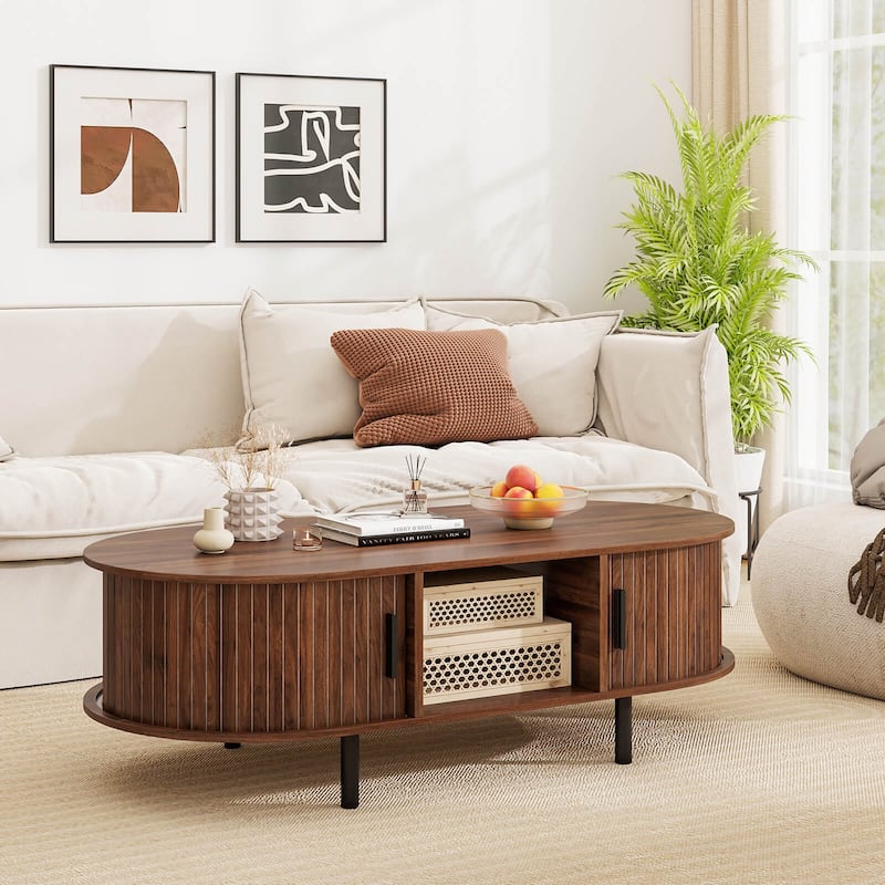 Costway 48" Mid Century Center Table with Sliding Fluted Doors & Open - See Details