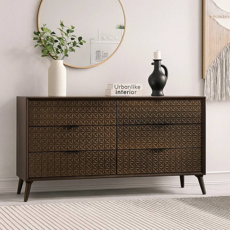 Fel Wide Dresser, 6 Drawers, Dark Brown Wood, Black
