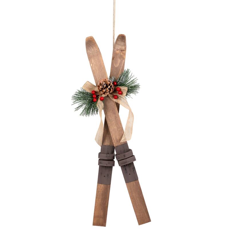 Snow Skis with Burlap Bow Wooden Christmas Decoration - 23.5"
