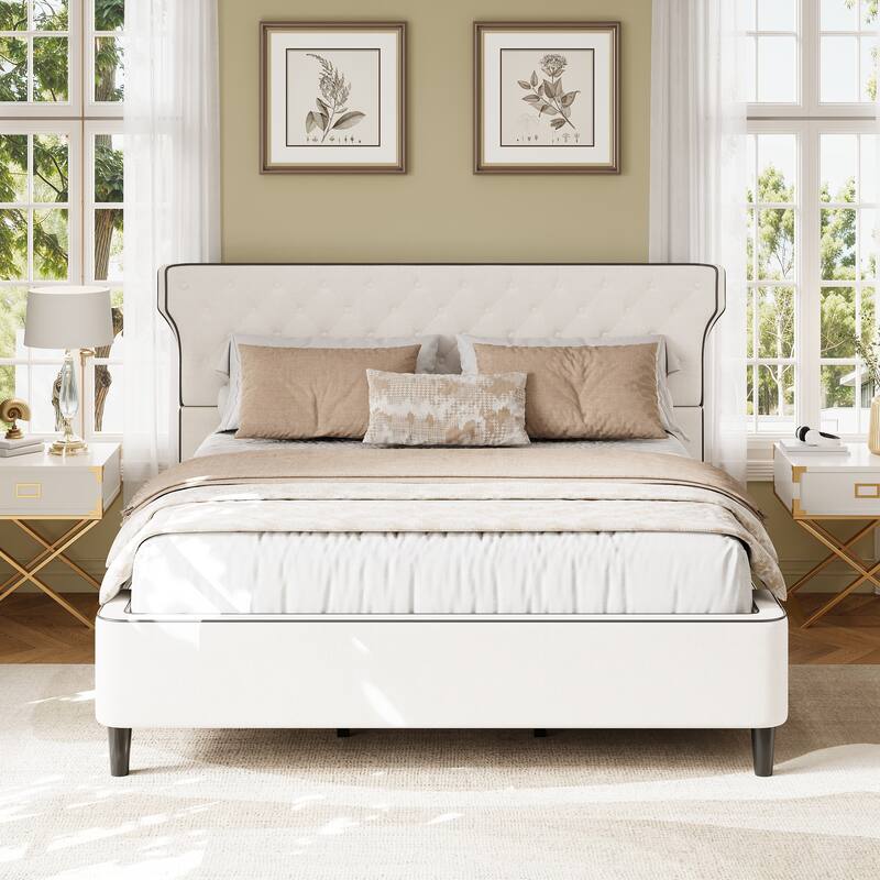 Christopher Knight Home - Aveline Modern Upholstered Platform Bed with Curved Back Headboard and Button Tufted Design