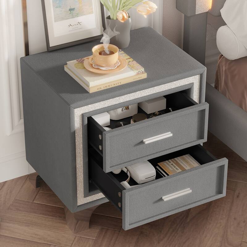 Mid-Century Vintage Velvet 2-Drawer Nightstand - Silver Glitter Strip + Metal Legs (Fully Assembled Except Legs/Handles, Gray)