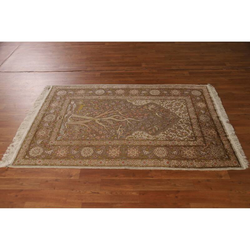Hand Knotted Oriental Silk & Silver Carpet Traditional Floral Brown Hereke Area Rug - 5' 5'' X 3' 6''