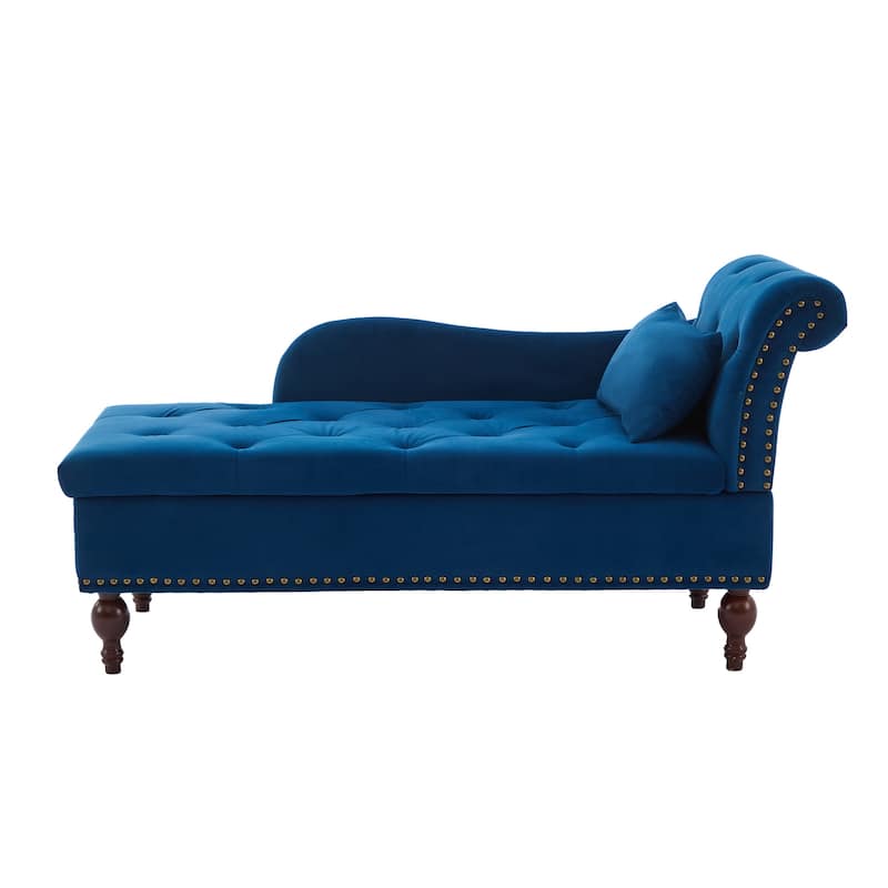 Velvet Chaise Lounge with a Storage Function, Tufted Cushions & Nailheads - Navy