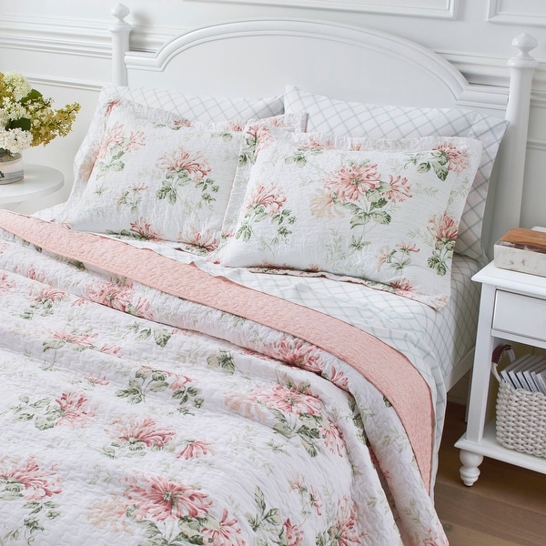 Laura Ashley Honeysuckle Cotton Reversible Pink Quilt Set - On