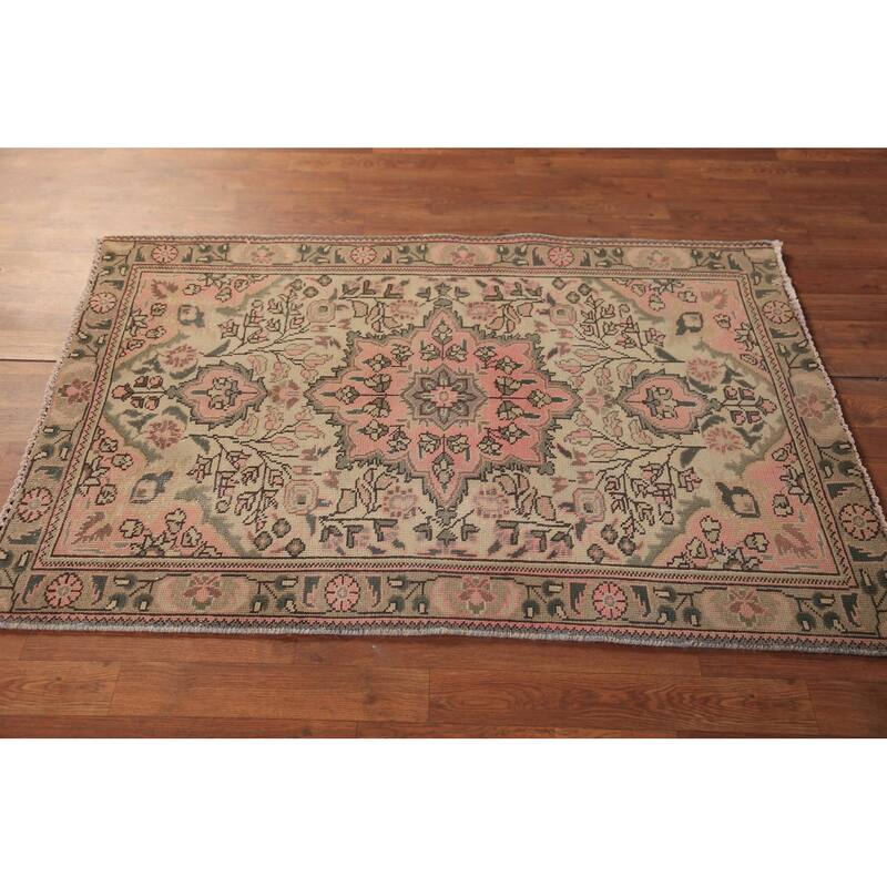Pink & Beige Floral Tabriz Persian Foyer Rug Handmade Wool Carpet - 3'3"x 4'10"