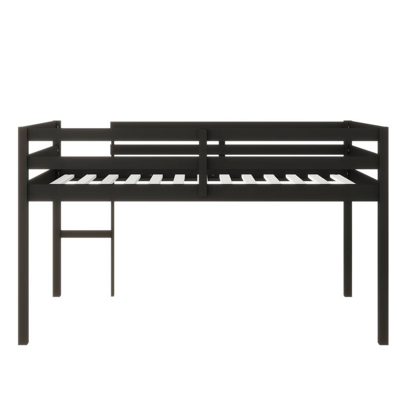 Black Twin Loft Bed with Ladder, Strengthened Slats, Rubber Wood and Plywood