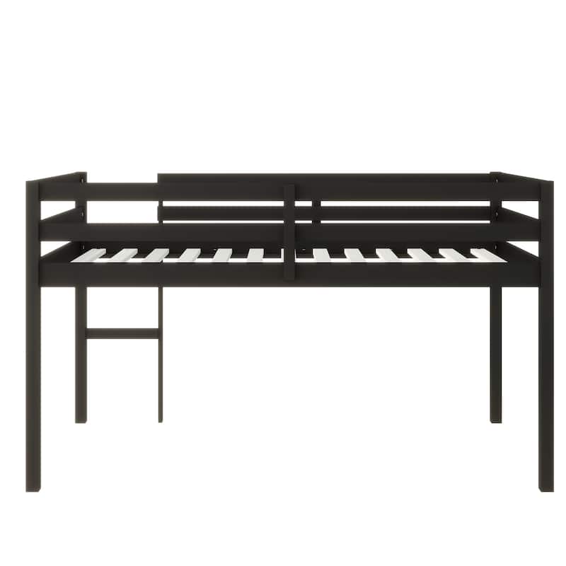 Twin size Rubber Wood Loft Bed with Ladder, 13 Strengthened Slats and Safety Guardrails
