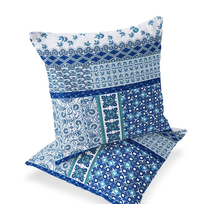 HomeRoots Set of Two 16" X 16" Blue and White Blown Seam Floral Indoor Outdoor Throw Pillow - 16.00' X '16.00' X '5.00