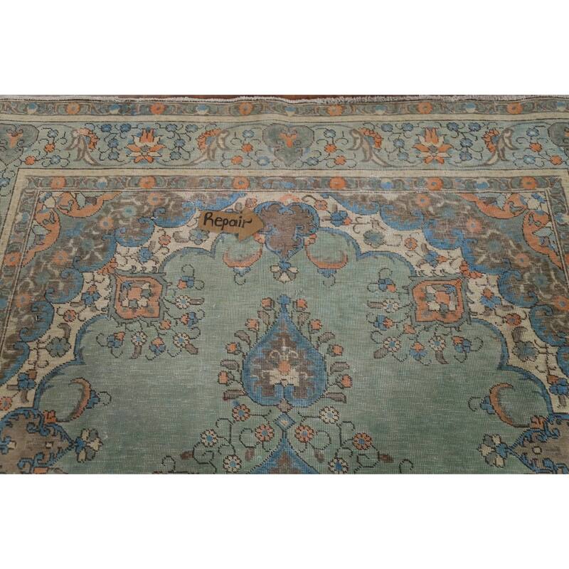 Turquoise Green Tabriz Persian Vintage Area Rug Handmade Wool Carpet - 6'8"x 9'6"