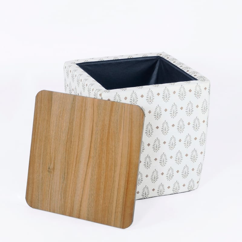Mody Accent Ottoman, 19 Inch Brown Wood Lift Top, White Pattern Fabric
